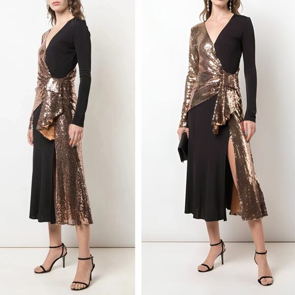 Prabal Gurung Sequin Wrap Midi Dress 4 Gold Black NWT - Picture 14 of 15